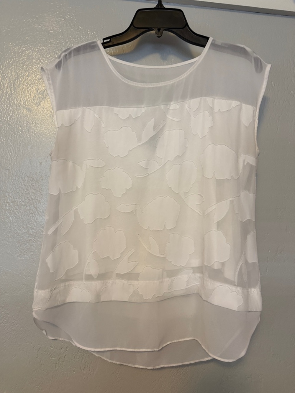 Ann Taylor White Floral Sheer Cap-Sleeve Blouse